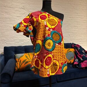 Vibrant One-Shoulder Wax Print Top — Red, Yellow & Teal Bubble print